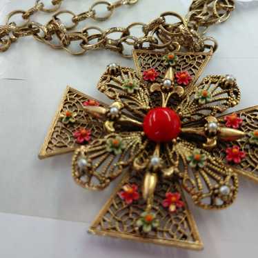 Filigree cross pendant necklace, vintage - image 1