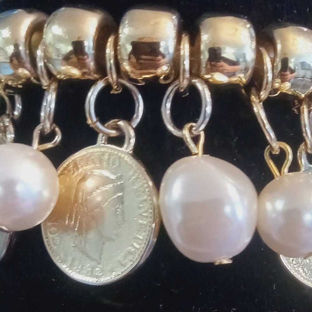 Vintage baroque pearl drop & gold coin charm brac… - image 3