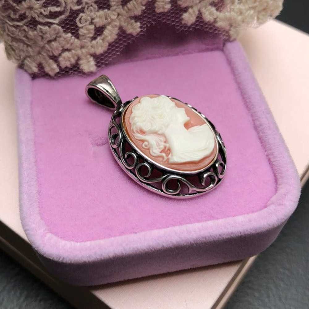 Lady cameo pendant sterling silver, old elegant n… - image 10