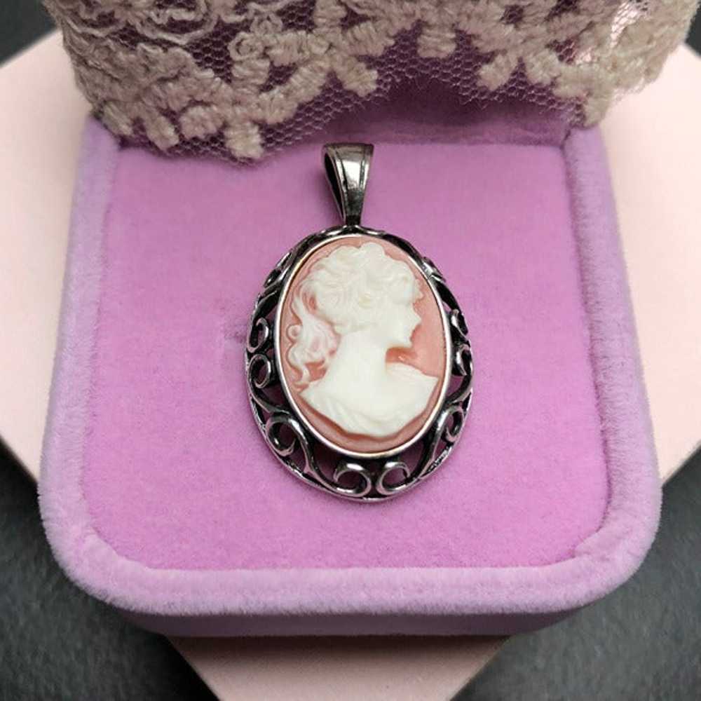 Lady cameo pendant sterling silver, old elegant n… - image 2