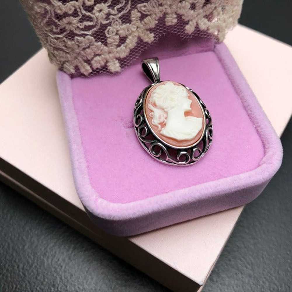 Lady cameo pendant sterling silver, old elegant n… - image 4