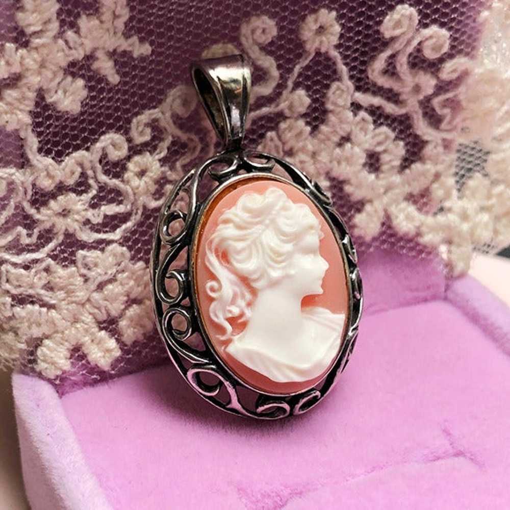 Lady cameo pendant sterling silver, old elegant n… - image 5