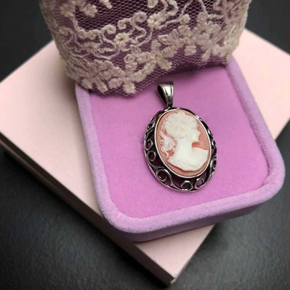 Lady cameo pendant sterling silver, old elegant n… - image 7