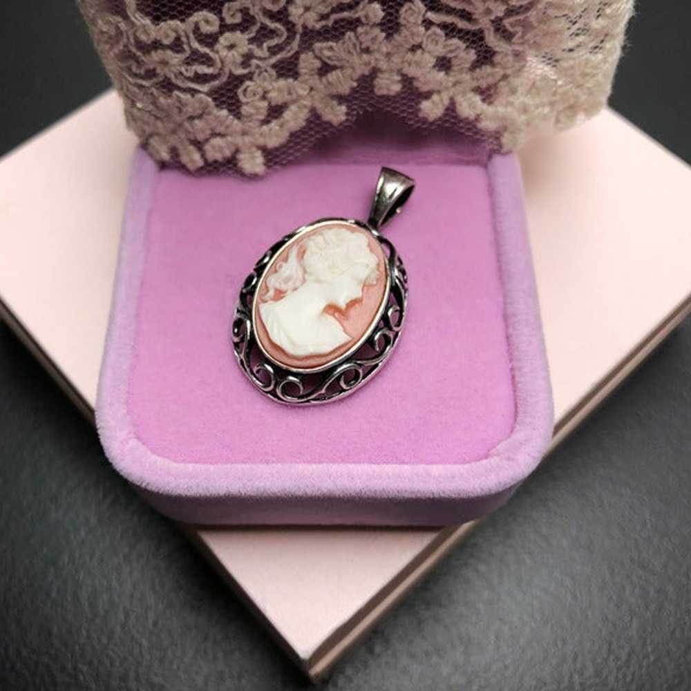 Lady cameo pendant sterling silver, old elegant n… - image 8