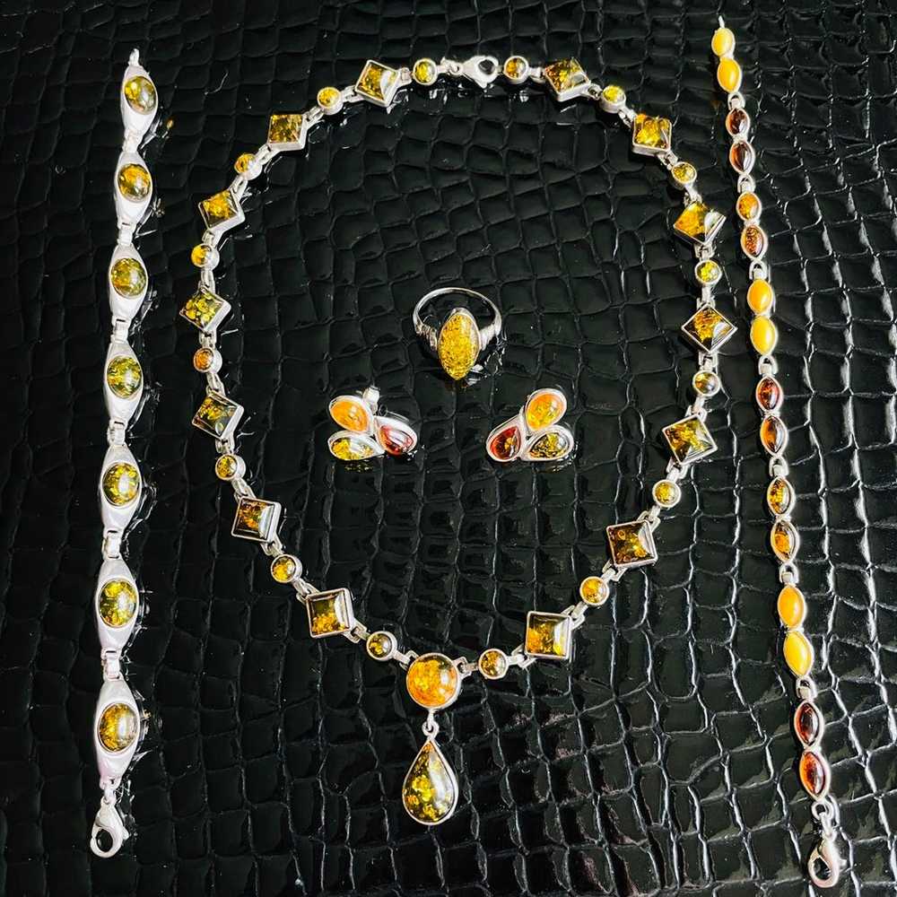 3 COLOR AMBER STERLING NECKLACE, BRACELETS, EARRI… - image 1