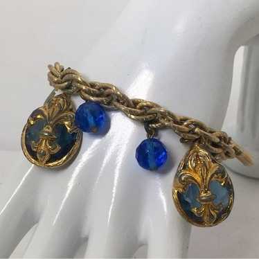 Vintage Textured Gold Charm Bracelet With Blue Cr… - image 1