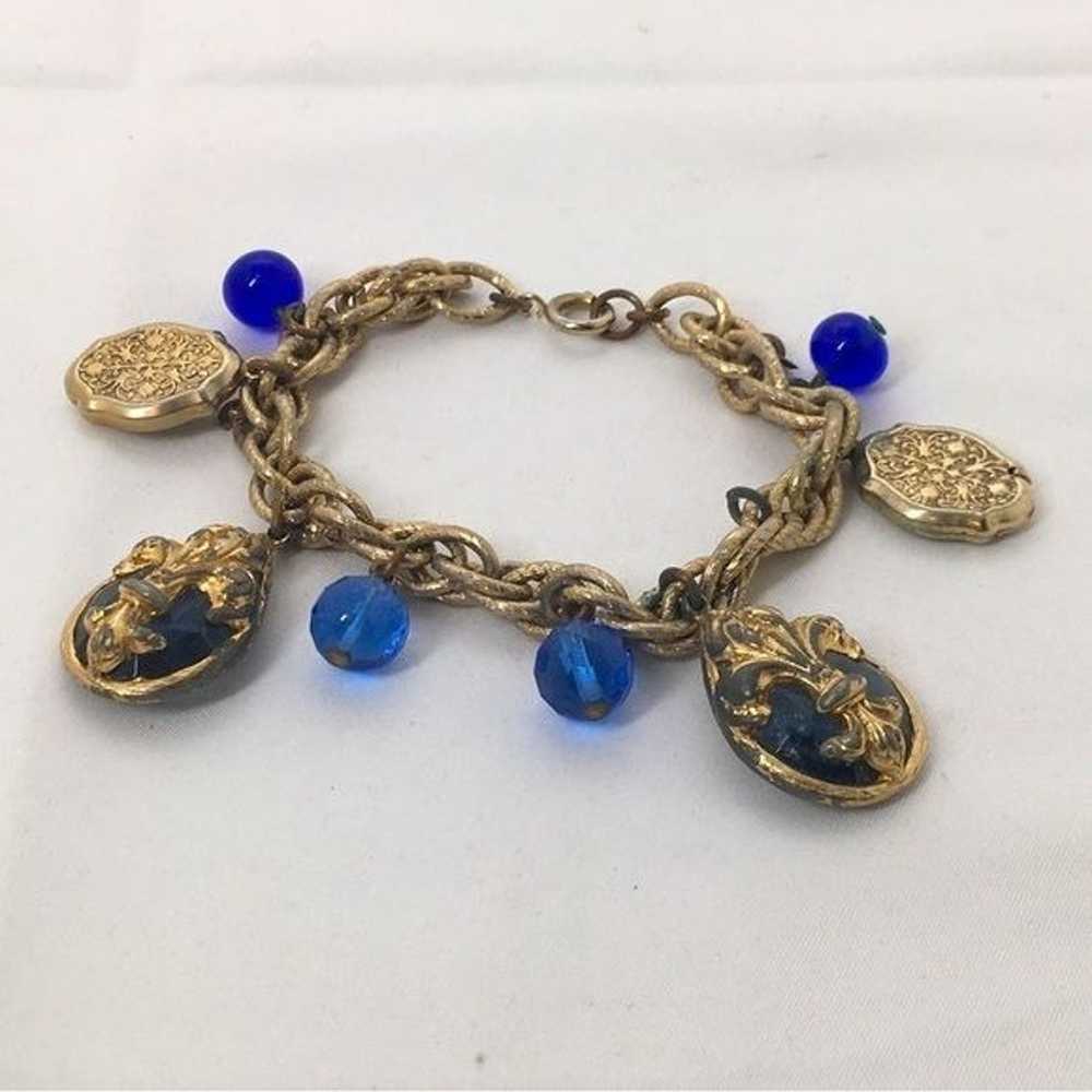 Vintage Textured Gold Charm Bracelet With Blue Cr… - image 2