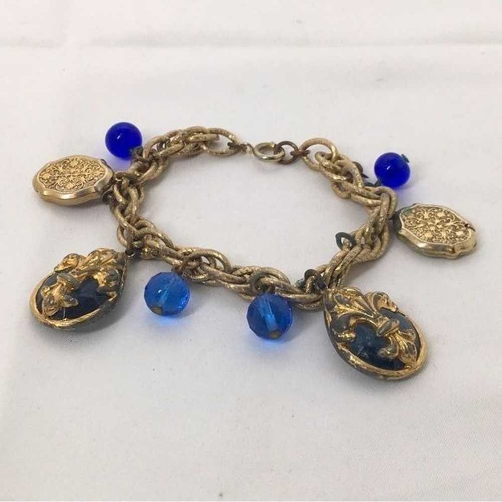 Vintage Textured Gold Charm Bracelet With Blue Cr… - image 6