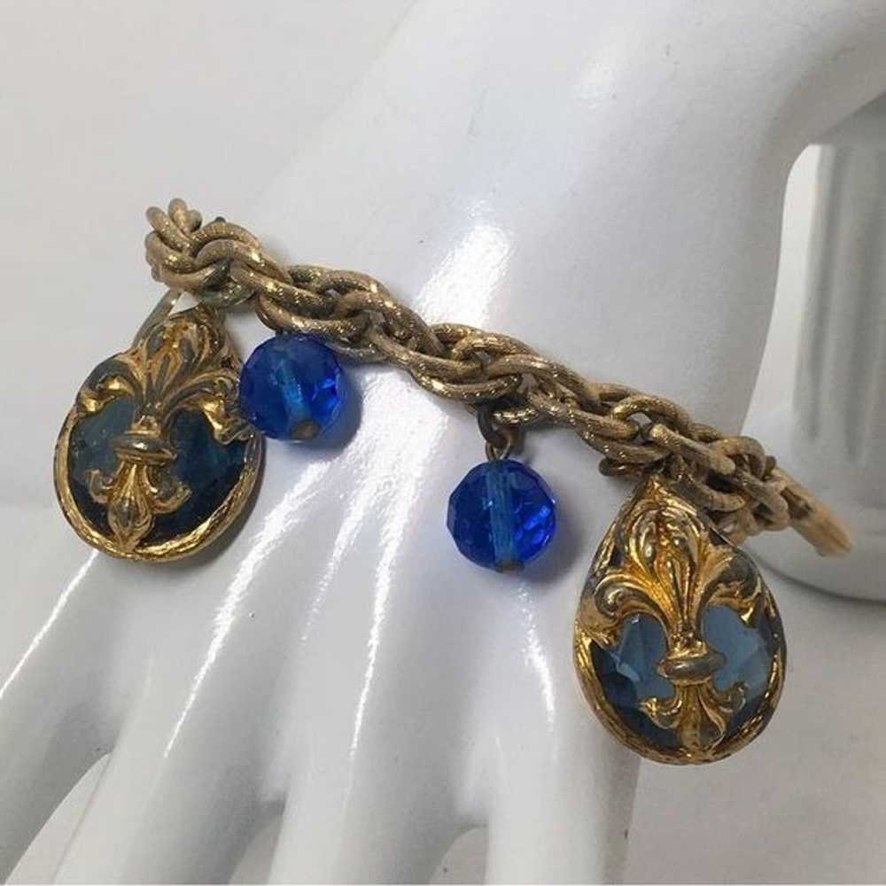 Vintage Textured Gold Charm Bracelet With Blue Cr… - image 7