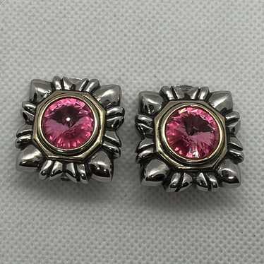 Ornate Pink Rhinestone Clip On Earrings Silver To… - image 1