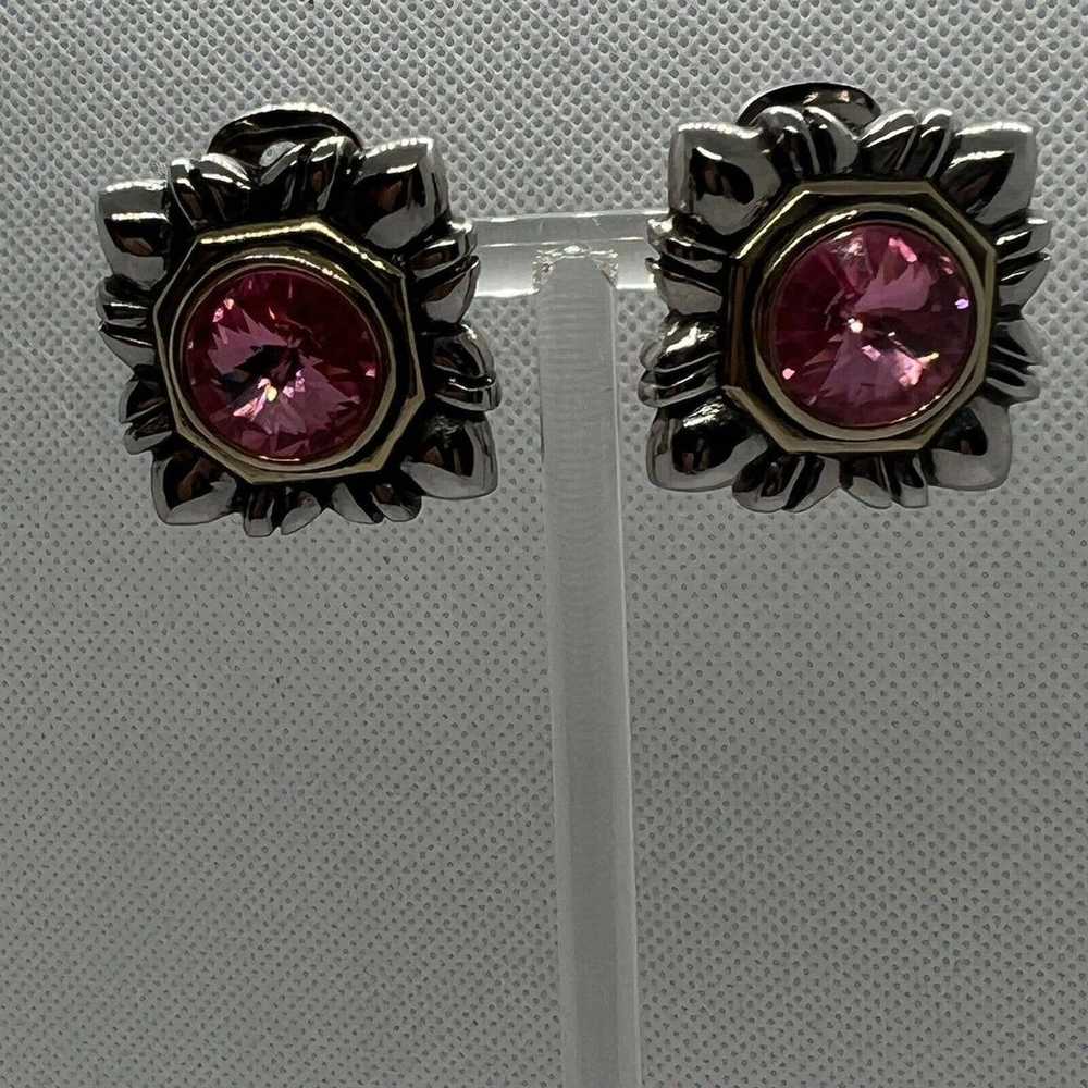 Ornate Pink Rhinestone Clip On Earrings Silver To… - image 2