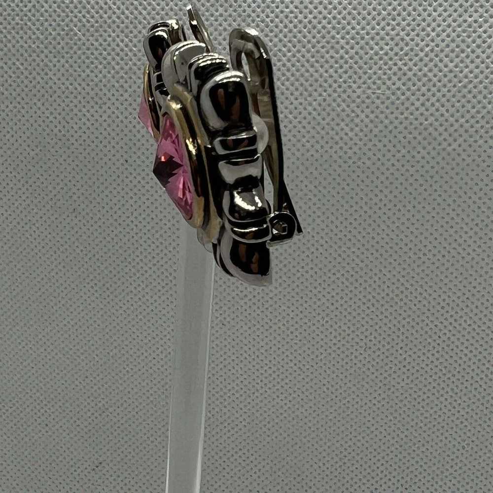 Ornate Pink Rhinestone Clip On Earrings Silver To… - image 3