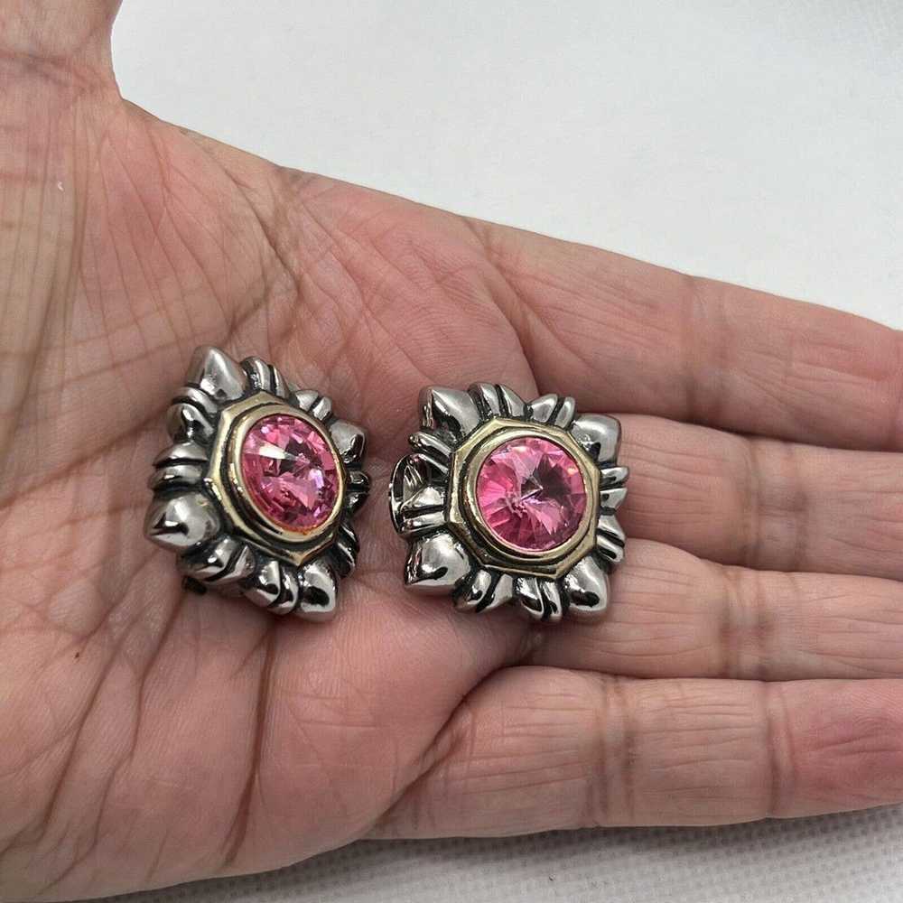 Ornate Pink Rhinestone Clip On Earrings Silver To… - image 4
