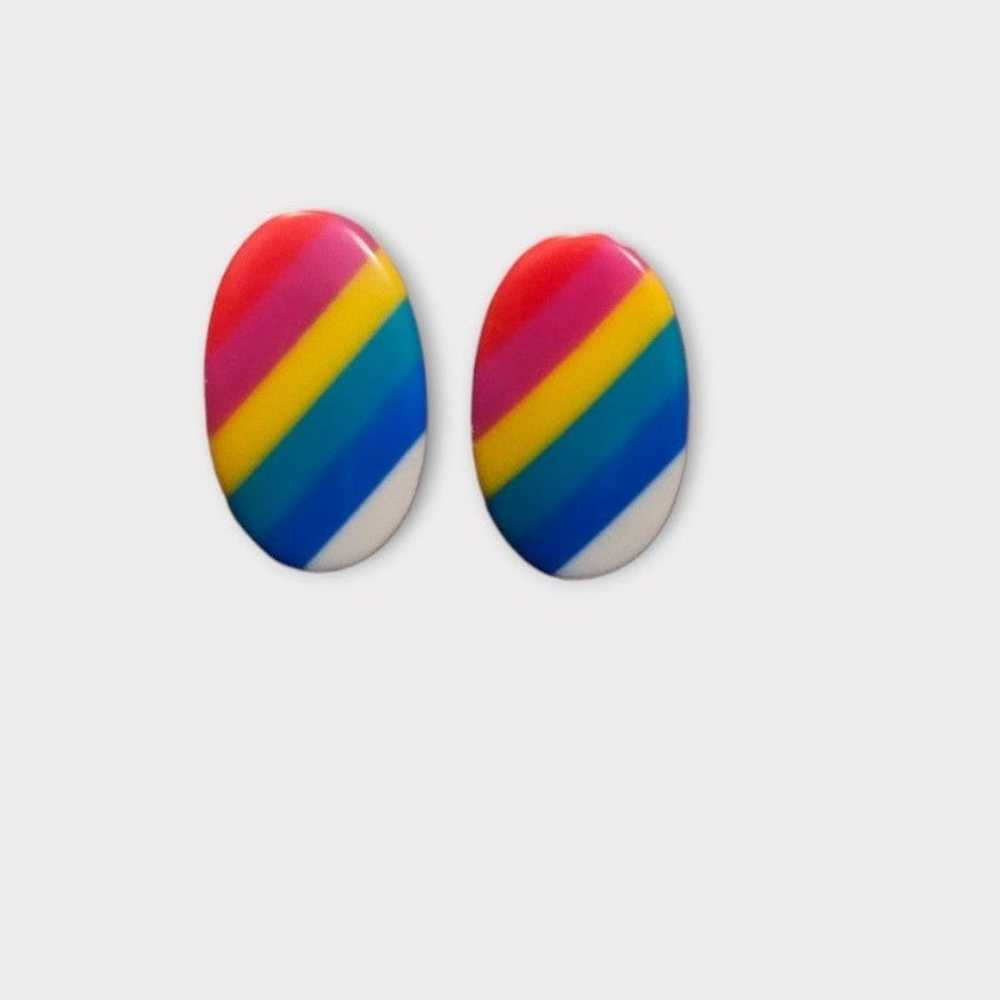 Vintage 1980s Rainbow Oval Earrings Retro - image 1