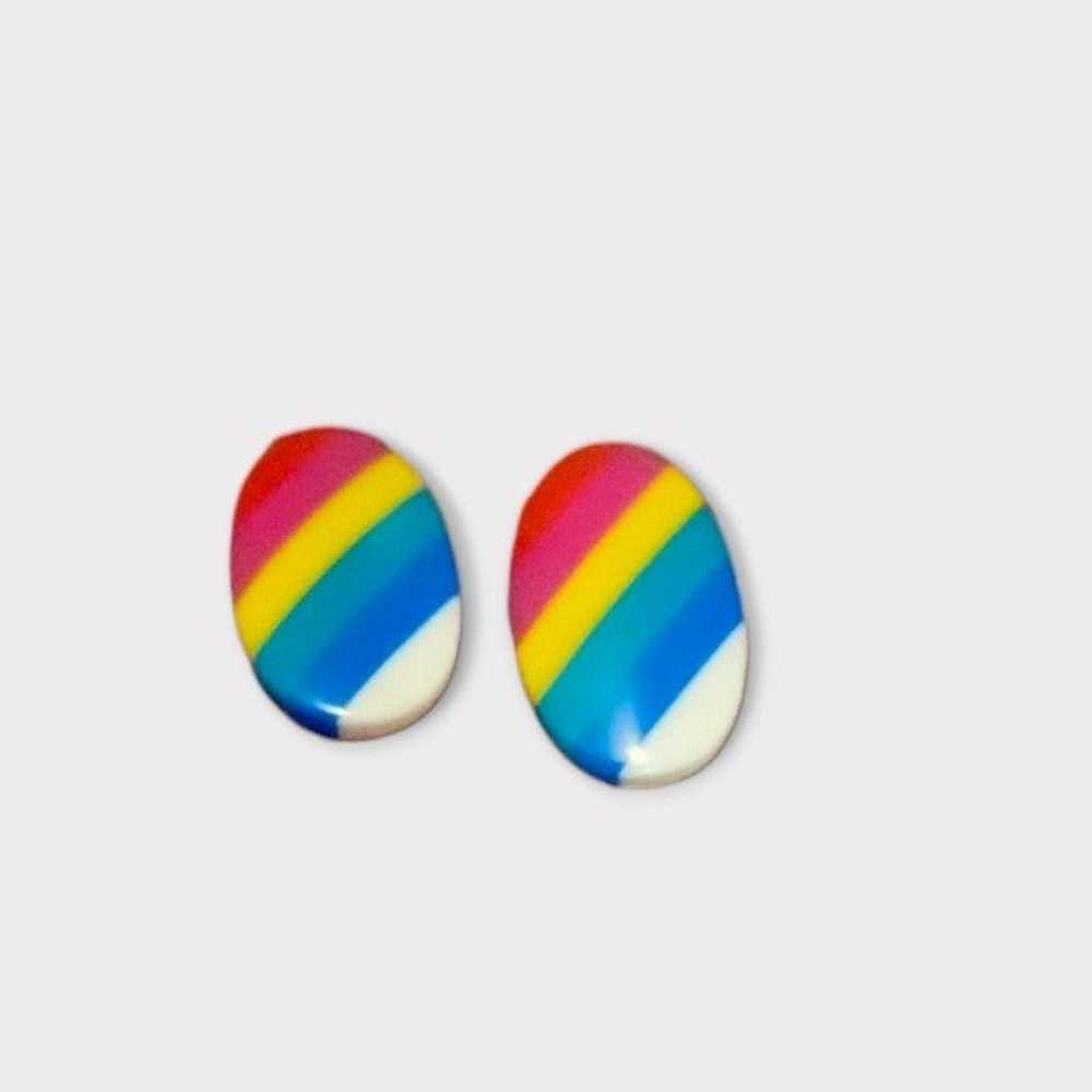 Vintage 1980s Rainbow Oval Earrings Retro - image 3