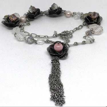 Vintage Lane Bryant, Long Floral Metal Necklace G… - image 1
