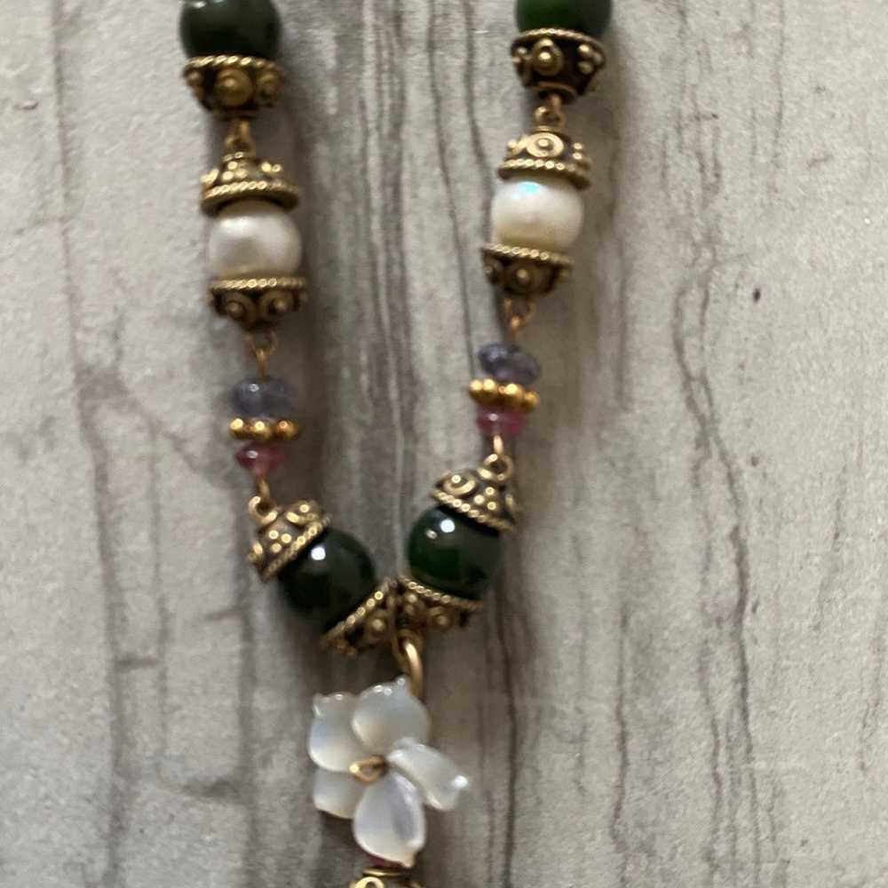 Vintage Pearl Jade Lotus Flower Gold Filled Neckl… - image 1