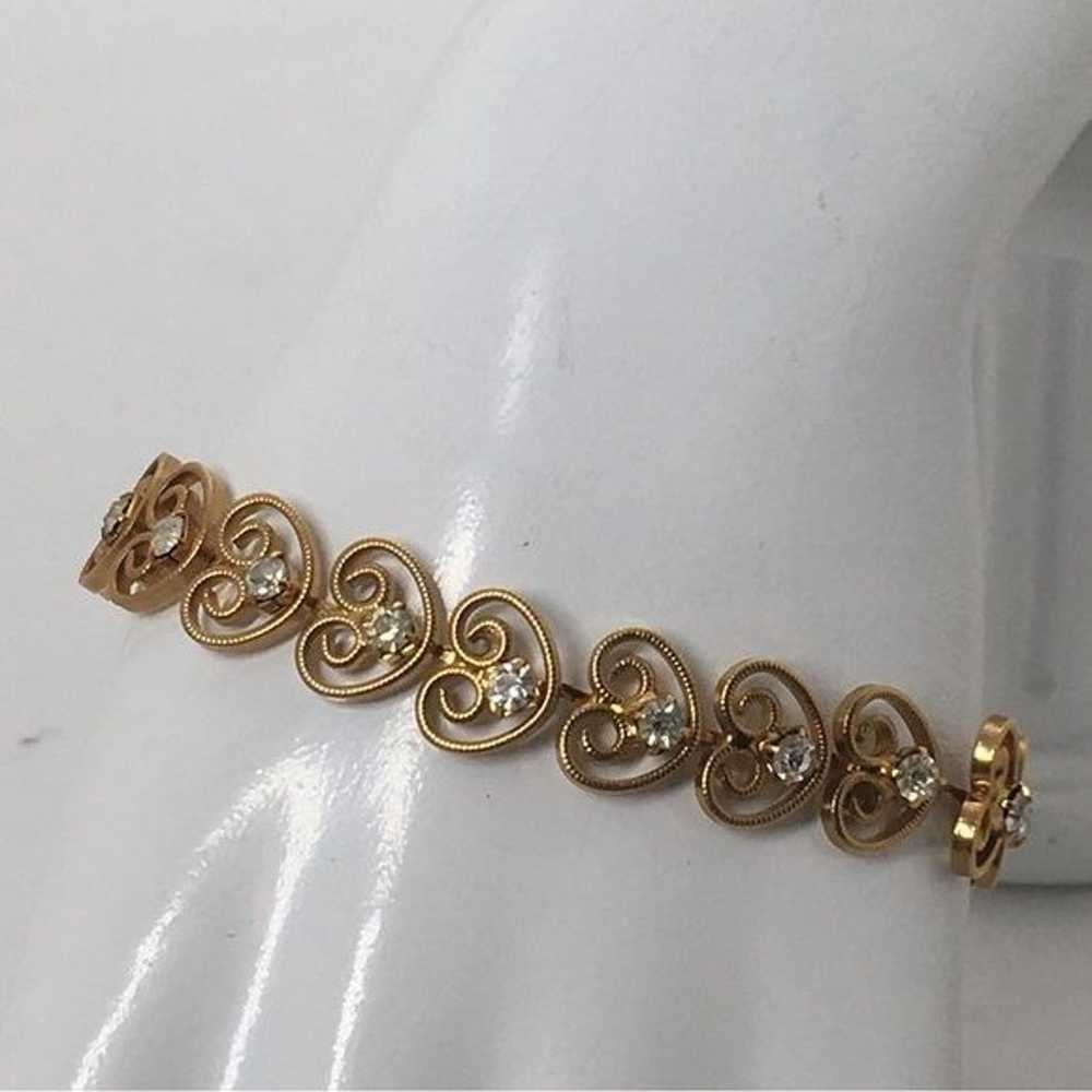 Vintage Gold Scrolled Hearts Bracelet With Clear … - image 1