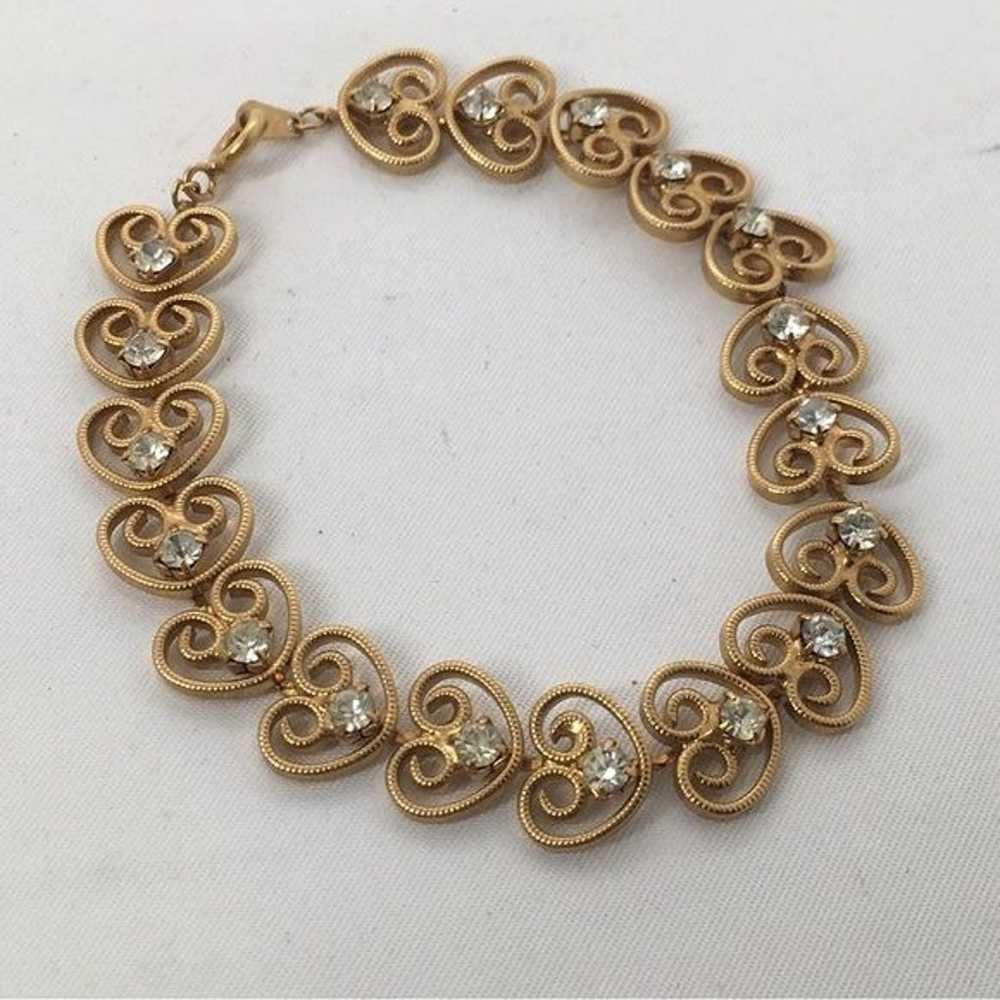 Vintage Gold Scrolled Hearts Bracelet With Clear … - image 2