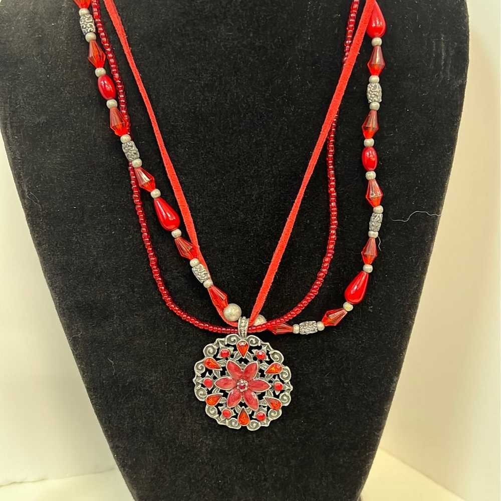 Vintage Red Crystal Beads and Silver Flower Neckl… - image 1