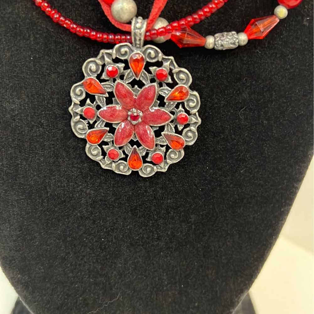Vintage Red Crystal Beads and Silver Flower Neckl… - image 2