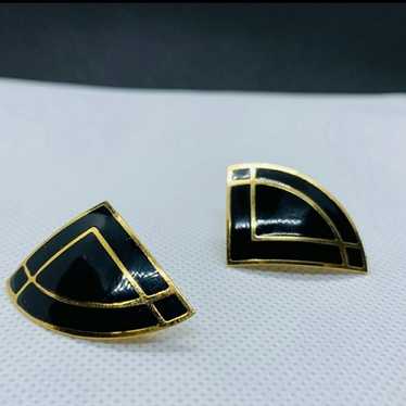 Vintage Avon black gold clip on statement earring… - image 1