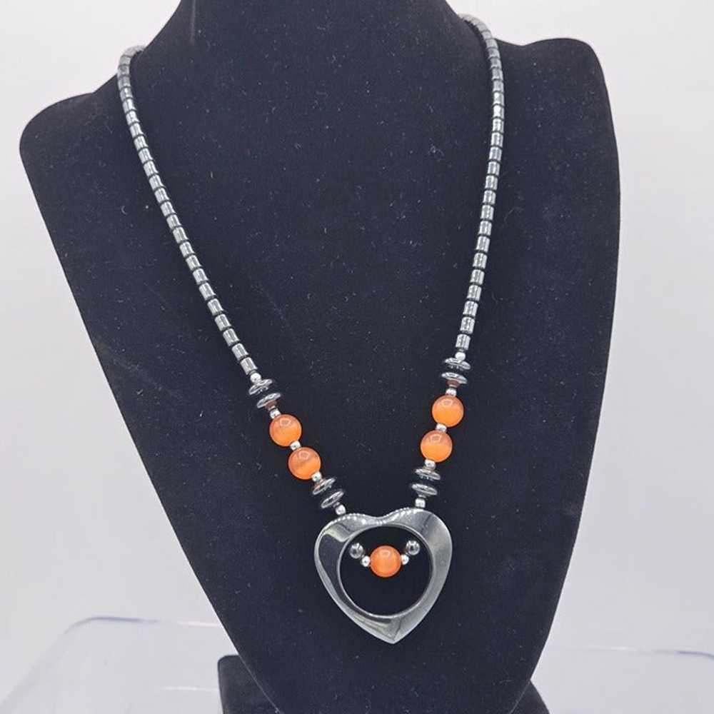 Vintage Hematite Beaded Necklace with Heart Penda… - image 1