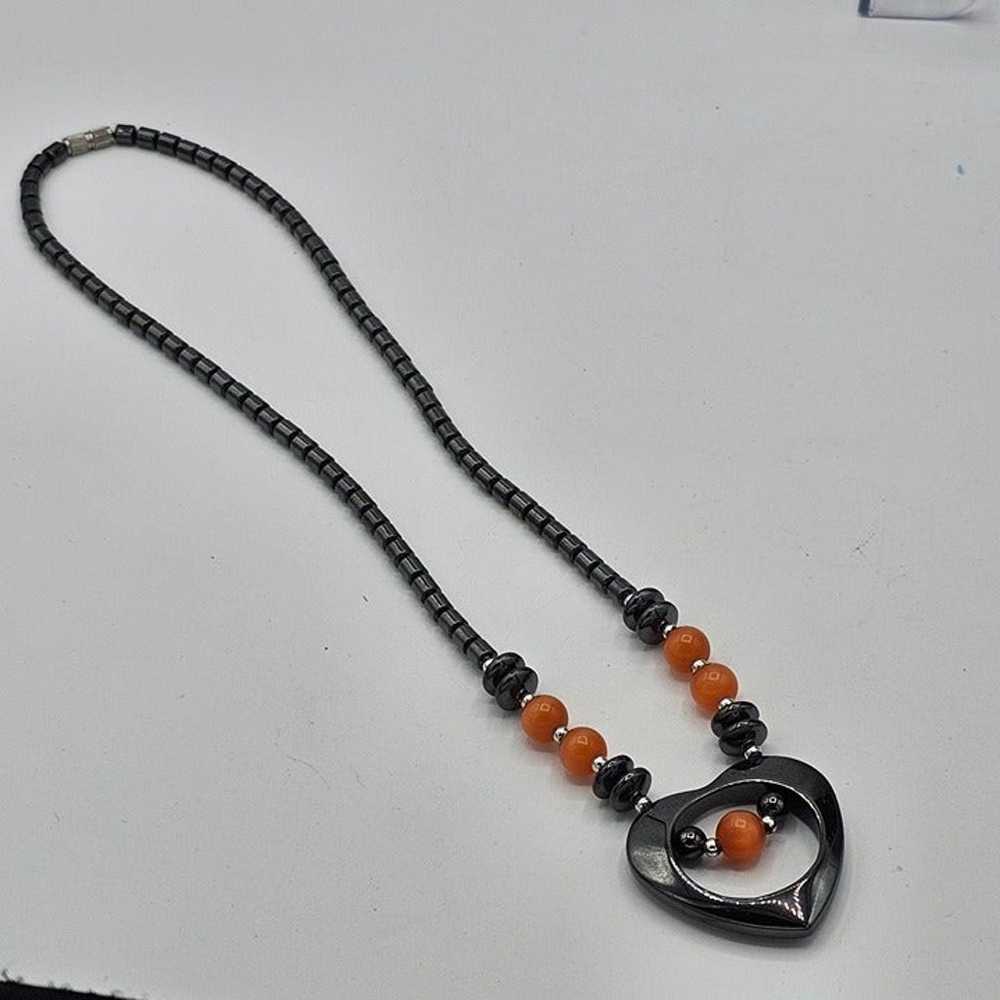 Vintage Hematite Beaded Necklace with Heart Penda… - image 4