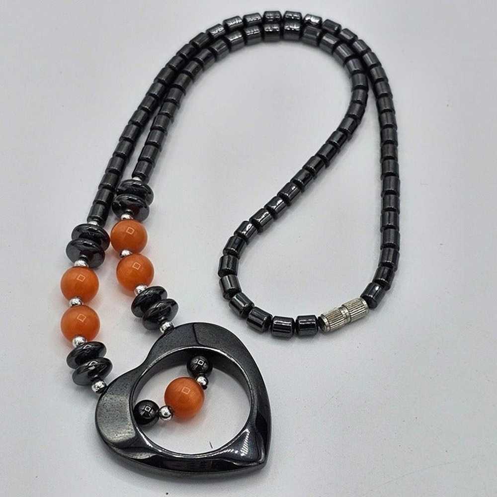 Vintage Hematite Beaded Necklace with Heart Penda… - image 5