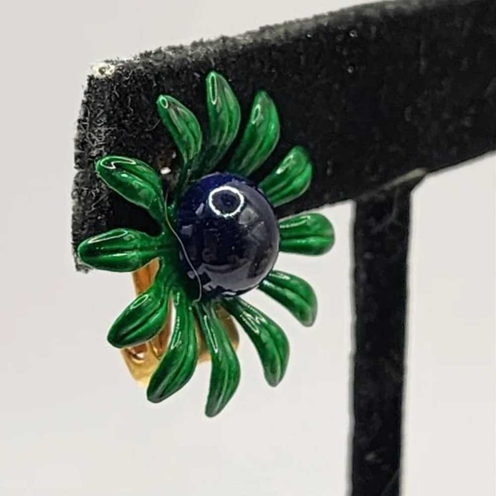 50's Blue Green Enamel Earrings Clip-On Stud Flow… - image 2