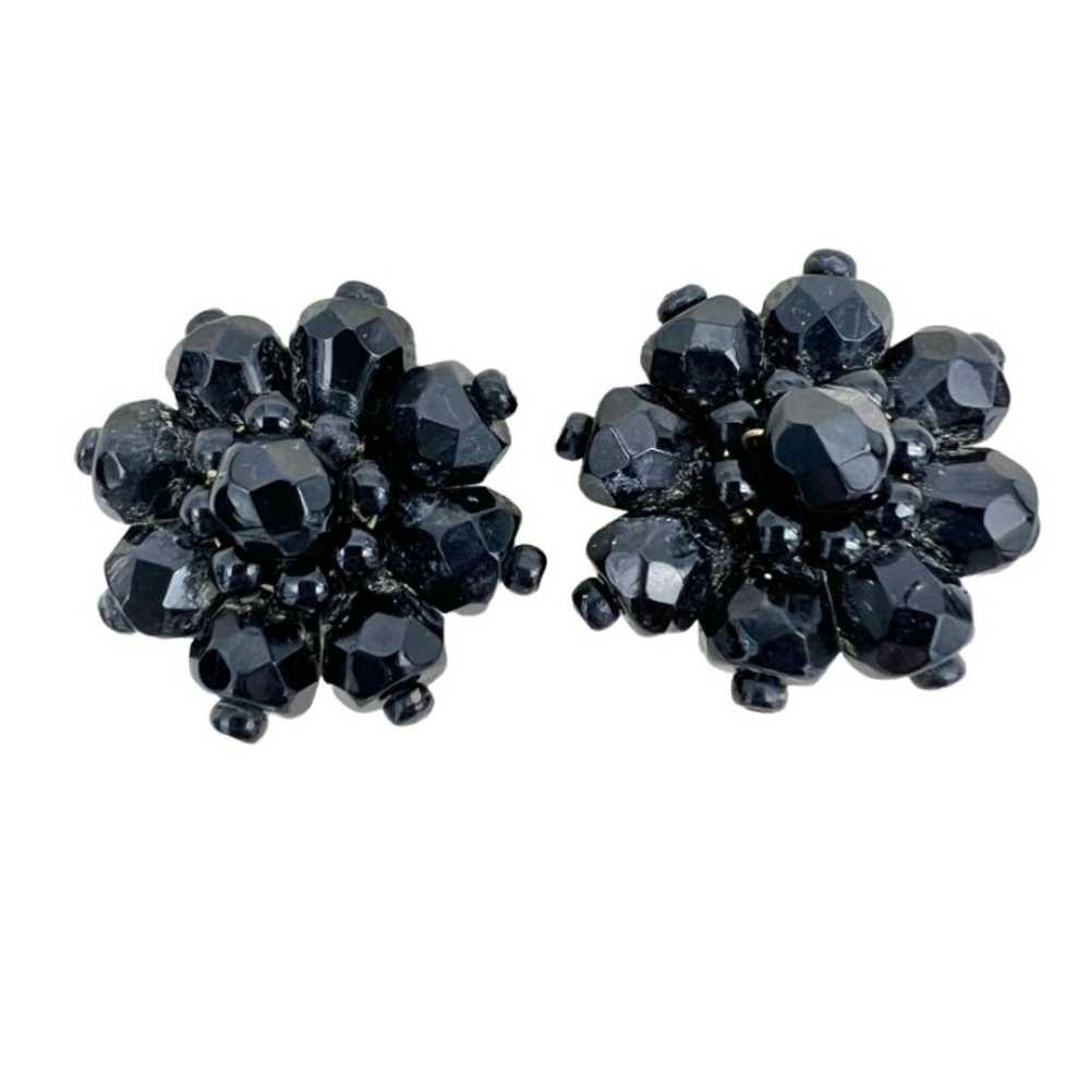 Vintage Black Bead Clip-on Earrings Shape of a Fl… - image 1