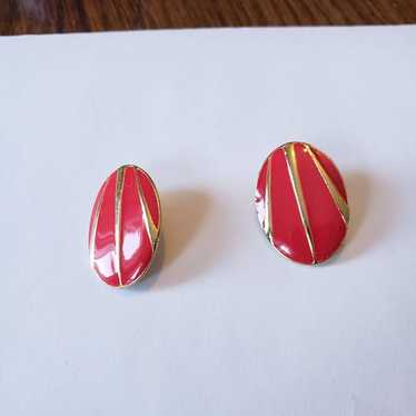 Vintage Pink With Gold Stripe Oval Button Earrings - image 1