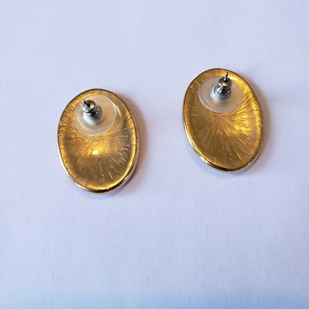Vintage Pink With Gold Stripe Oval Button Earrings - image 2