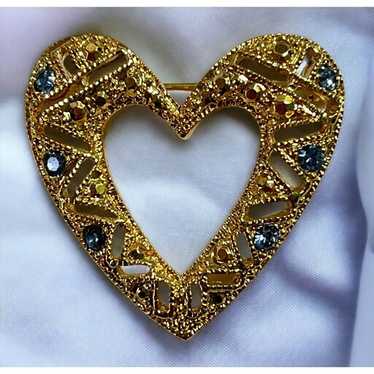 Vintage Heart Brooch Gold Tone Blue Rhinestones F… - image 1