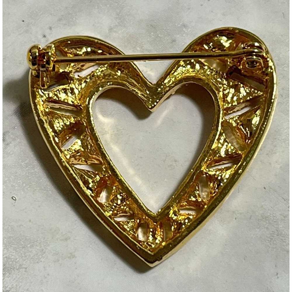 Vintage Heart Brooch Gold Tone Blue Rhinestones F… - image 3