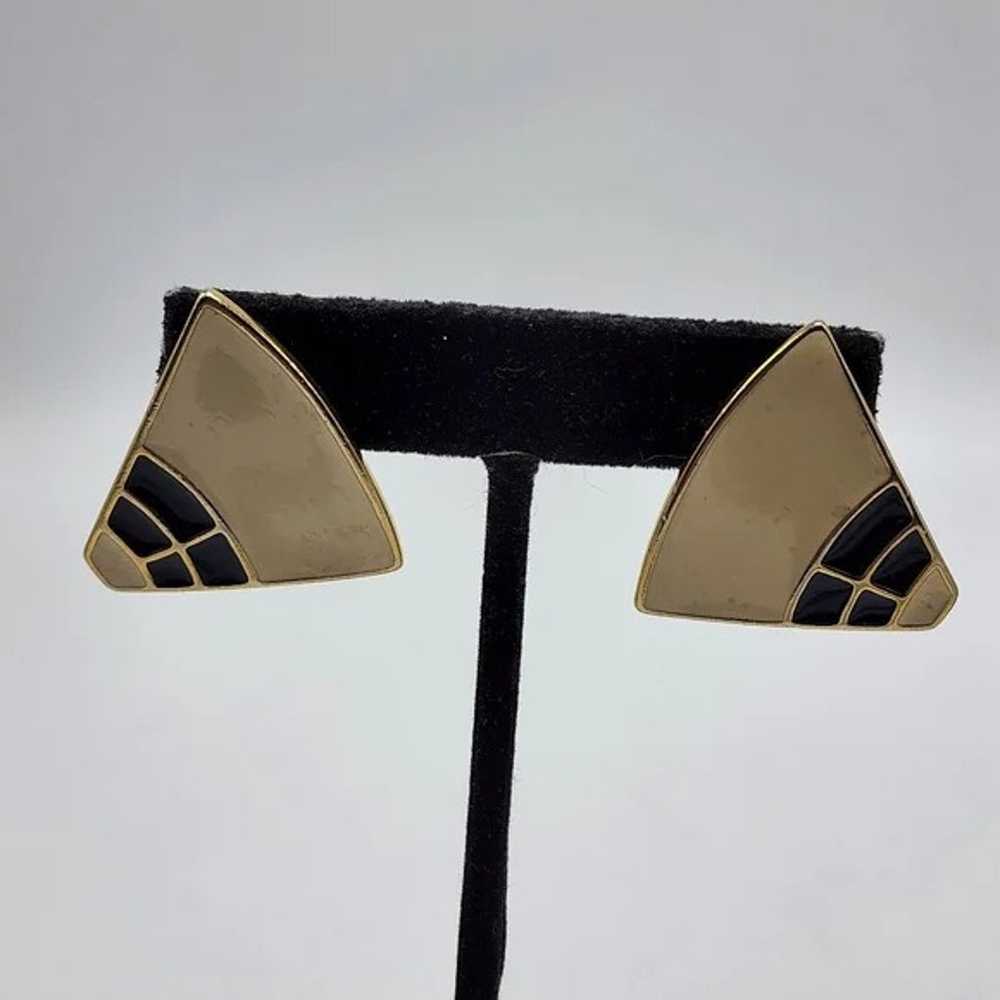 80's Trifari Enamel Earrings Pierced Fan Shape Na… - image 3