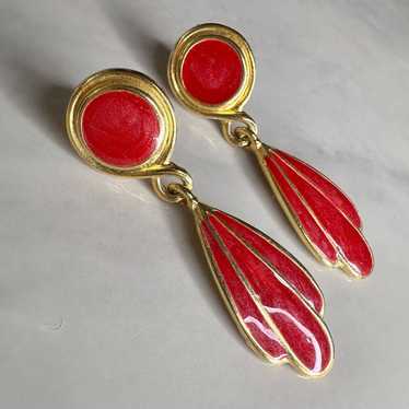 Vintage Red Enamel + Goldtone Dangle Earrings 2.5… - image 1