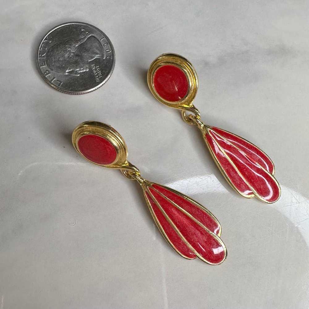 Vintage Red Enamel + Goldtone Dangle Earrings 2.5… - image 2
