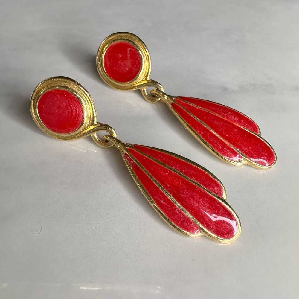 Vintage Red Enamel + Goldtone Dangle Earrings 2.5… - image 6