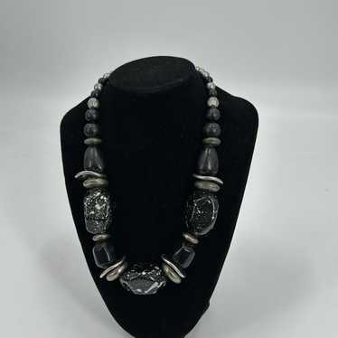 Vintage chunky black and silver beaded necklace - image 1