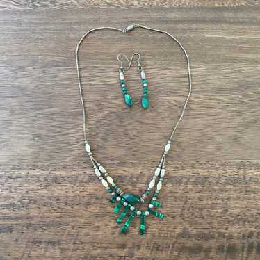 Vintage Beaded Malachite Necklace & Earrings Set - image 1