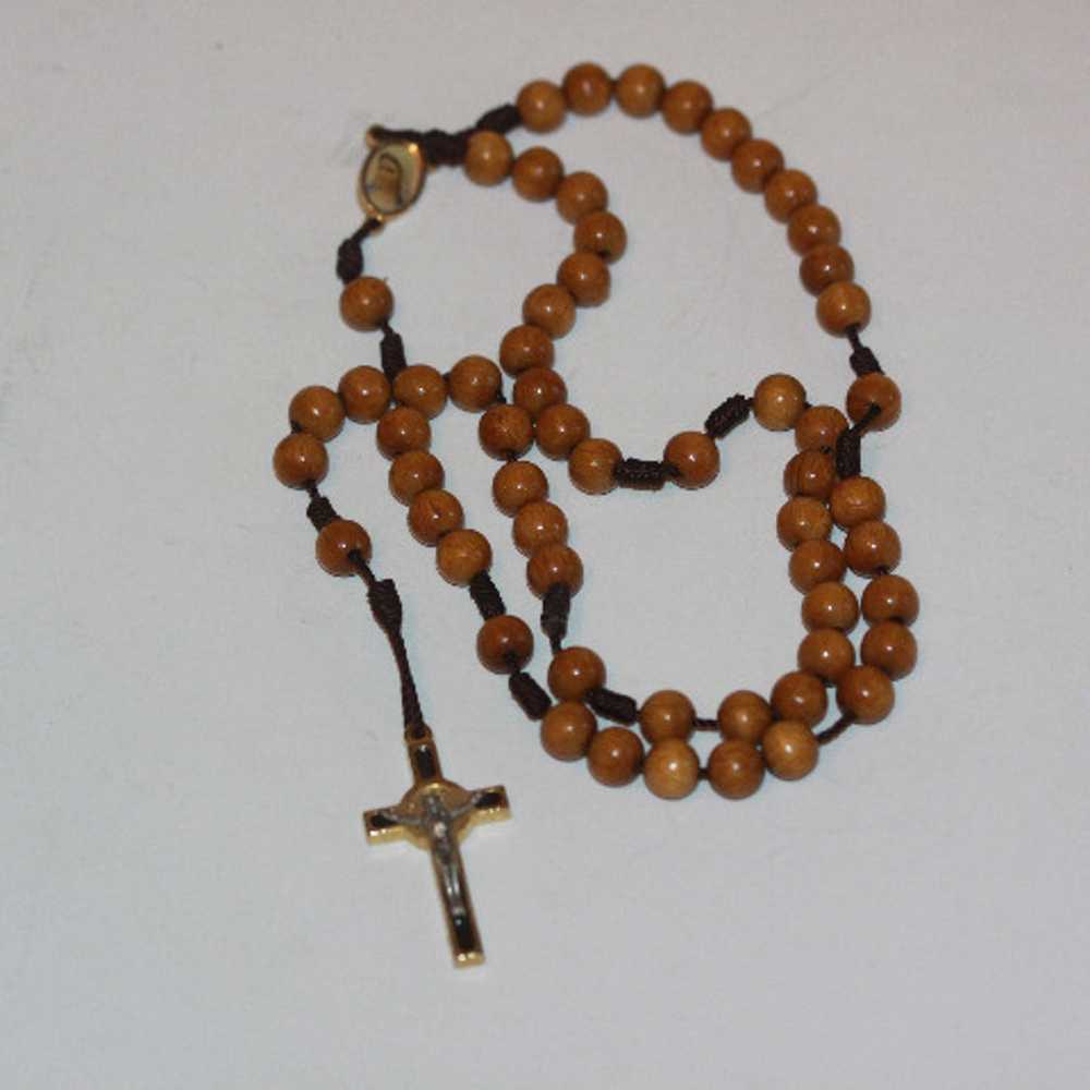 Vintage Rosary brown wood beads Crucifix Catholic… - image 1