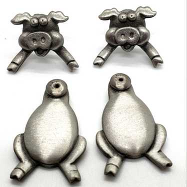 Pewter Pig Piggy Pierced 3D Earrings JJ Jonette 8… - image 1