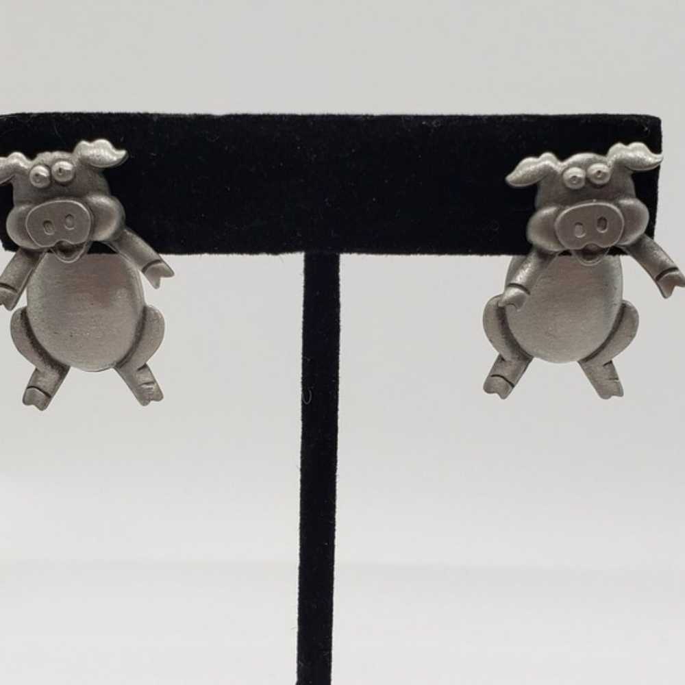 Pewter Pig Piggy Pierced 3D Earrings JJ Jonette 8… - image 4