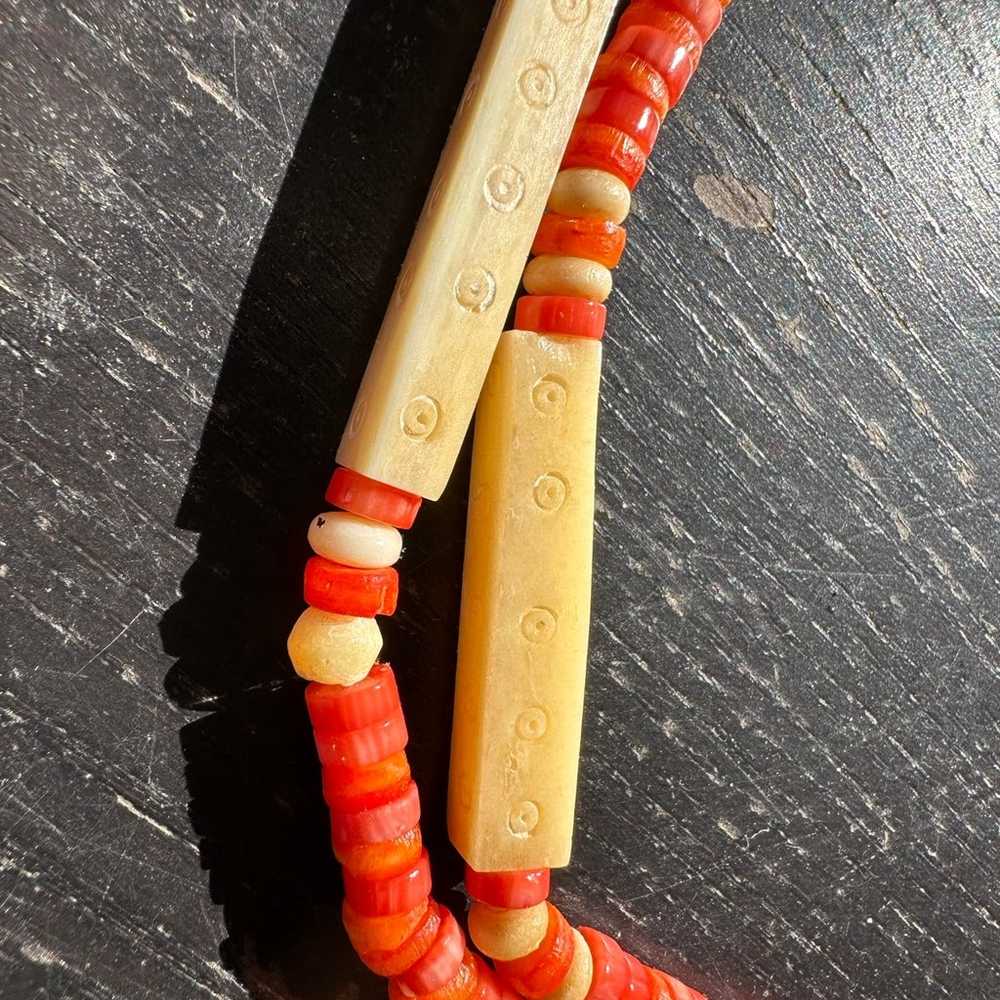 Restrung carved bovine bone dyed shell bead neckl… - image 12