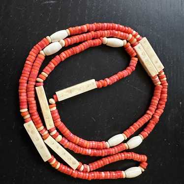 Restrung carved bovine bone dyed shell bead neckl… - image 1