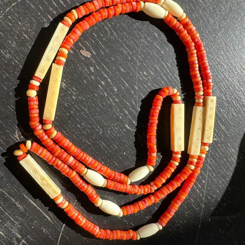Restrung carved bovine bone dyed shell bead neckl… - image 2