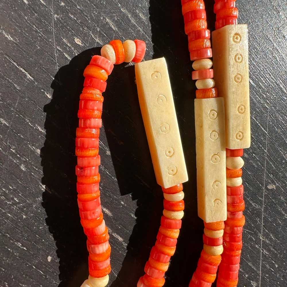 Restrung carved bovine bone dyed shell bead neckl… - image 5