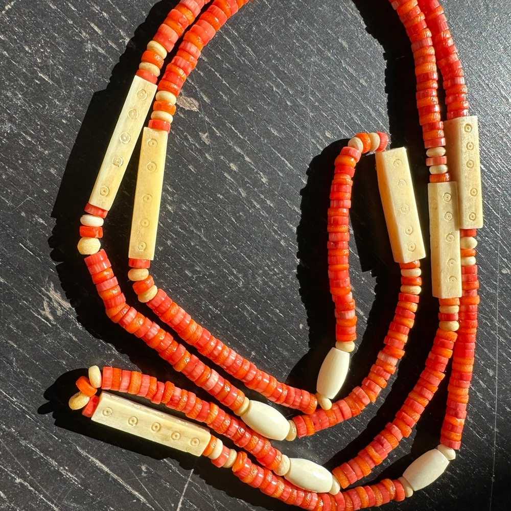 Restrung carved bovine bone dyed shell bead neckl… - image 6