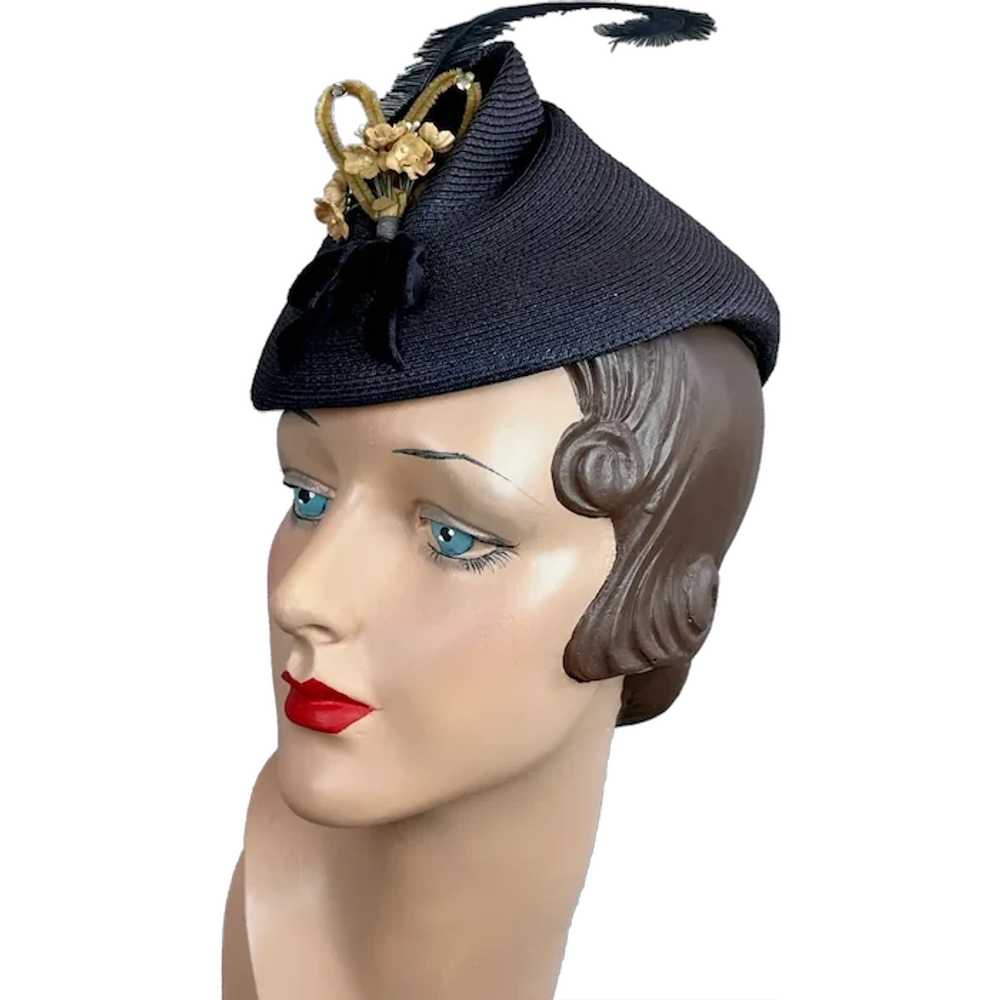 Vintage 1940s Navy Blue Straw Tilt Pixie Hat - image 1